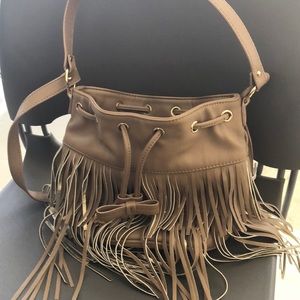 Tan betsey Johnson bucket purse with fringe
